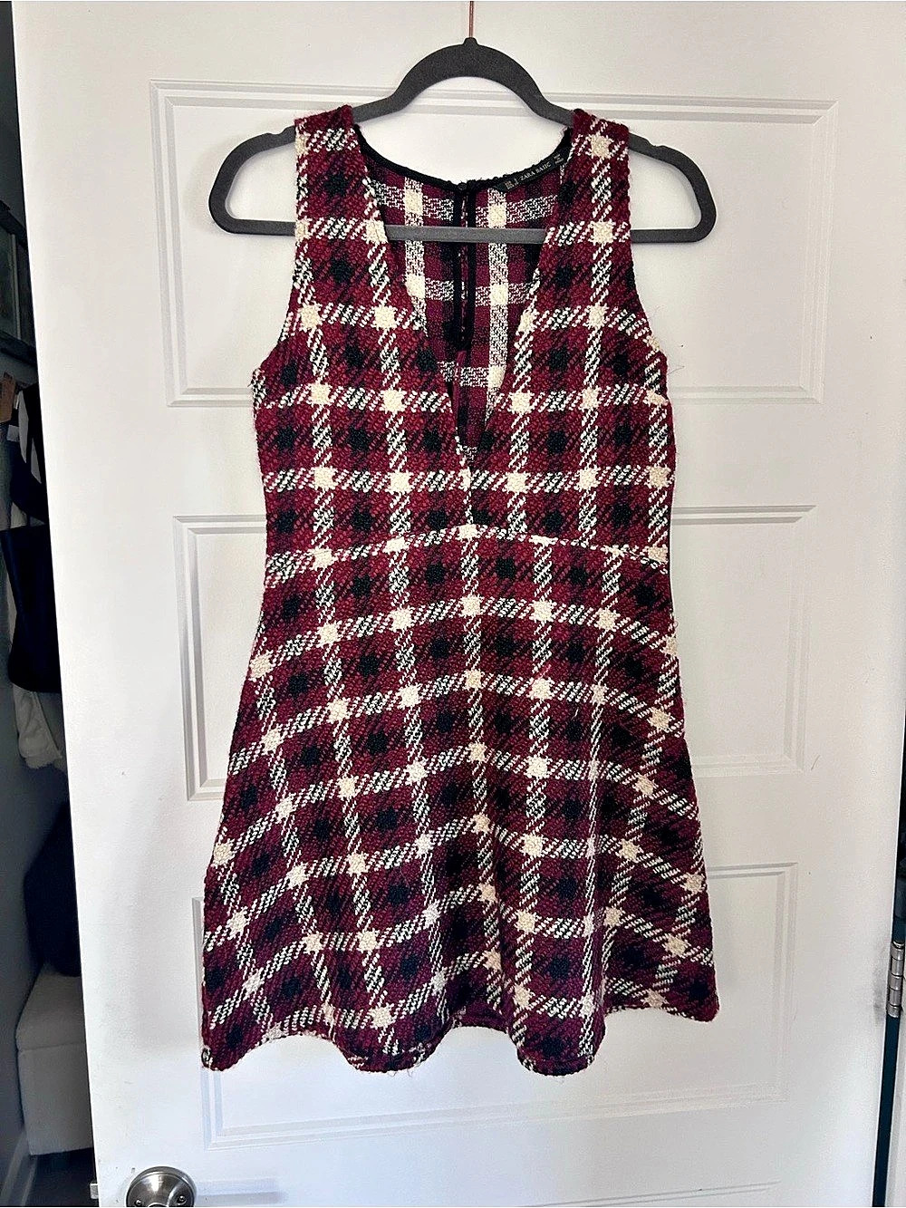 Zara Plaid Mini Dress in Burgundy & White Size Small Like New